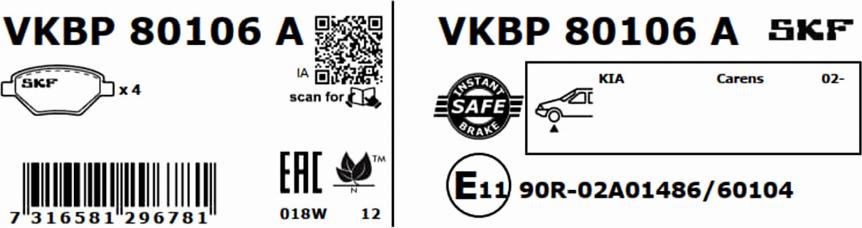 SKF VKBP 80106 A - Тормозные колодки, дисковые, комплект unicars.by