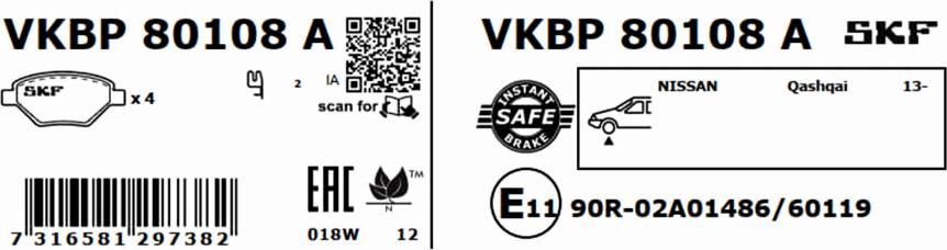 SKF VKBP 80108 A - Тормозные колодки, дисковые, комплект unicars.by