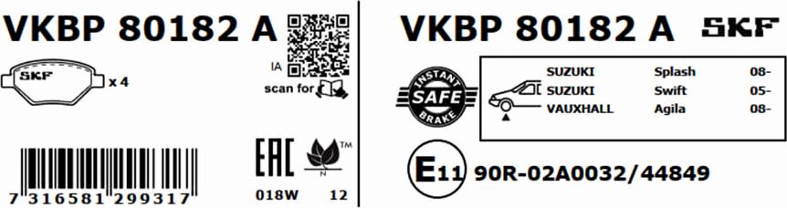 SKF VKBP 80182 A - Тормозные колодки, дисковые, комплект unicars.by