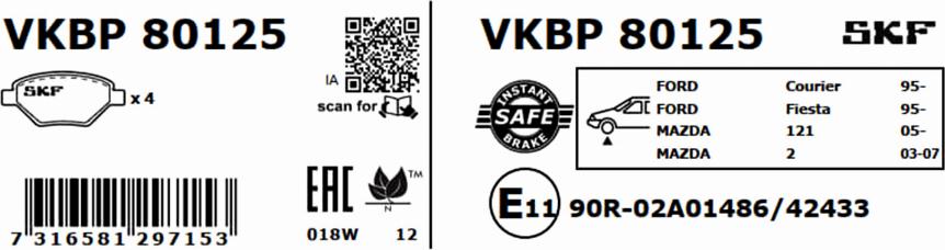 SKF VKBP 80125 - Тормозные колодки, дисковые, комплект unicars.by