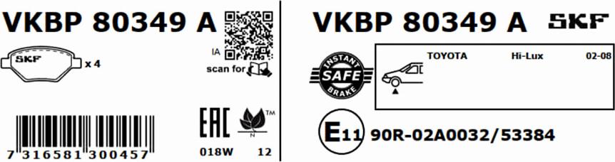 SKF VKBP 80349 A - Тормозные колодки, дисковые, комплект unicars.by