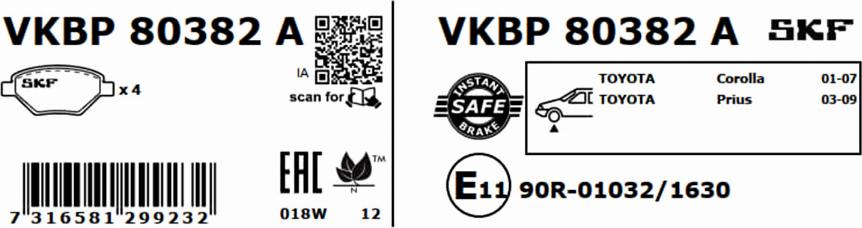 SKF VKBP 80382 A - Тормозные колодки, дисковые, комплект unicars.by