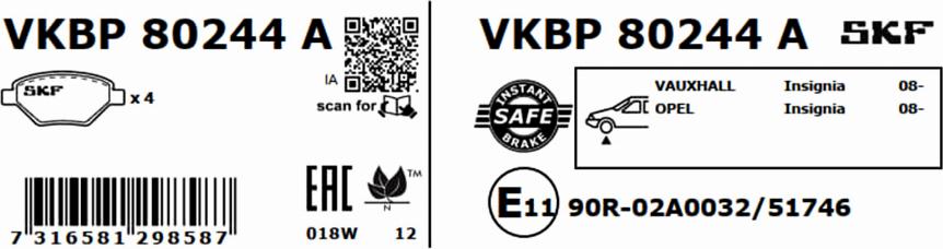 SKF VKBP 80244 A - Тормозные колодки, дисковые, комплект unicars.by