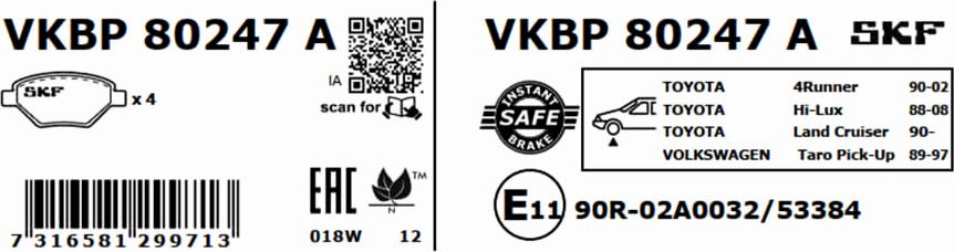 SKF VKBP 80247 A - Тормозные колодки, дисковые, комплект unicars.by