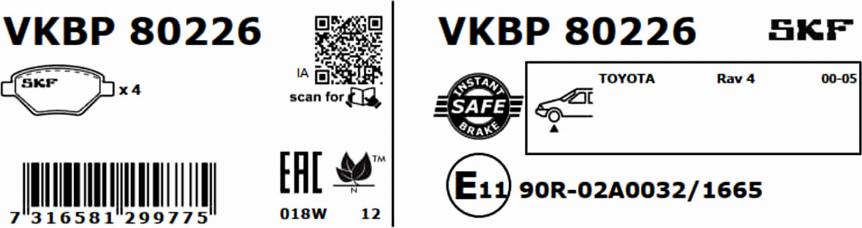 SKF VKBP 80226 - Тормозные колодки, дисковые, комплект unicars.by