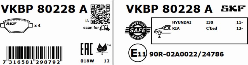 SKF VKBP 80228 A - Тормозные колодки, дисковые, комплект unicars.by