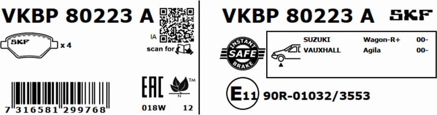 SKF VKBP 80223 A - Тормозные колодки, дисковые, комплект unicars.by