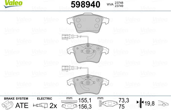 Valeo 598940 - Тормозные колодки, дисковые, комплект unicars.by