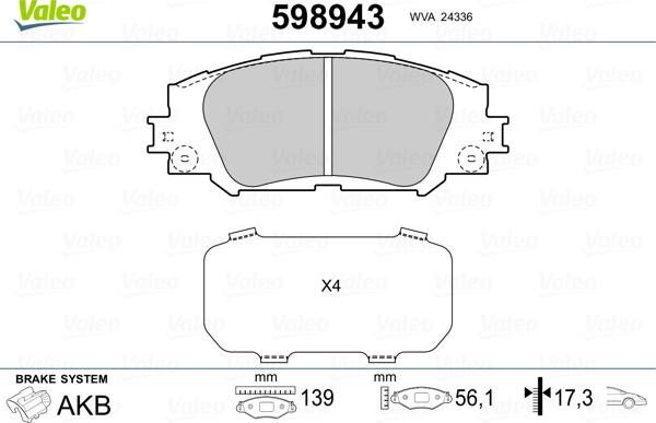 Valeo 598943 - Тормозные колодки, дисковые, комплект unicars.by