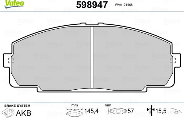 Valeo 598947 - Тормозные колодки, дисковые, комплект unicars.by