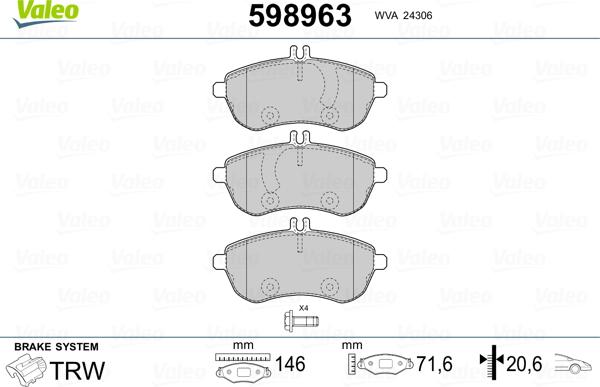 Valeo 598963 - Тормозные колодки, дисковые, комплект unicars.by