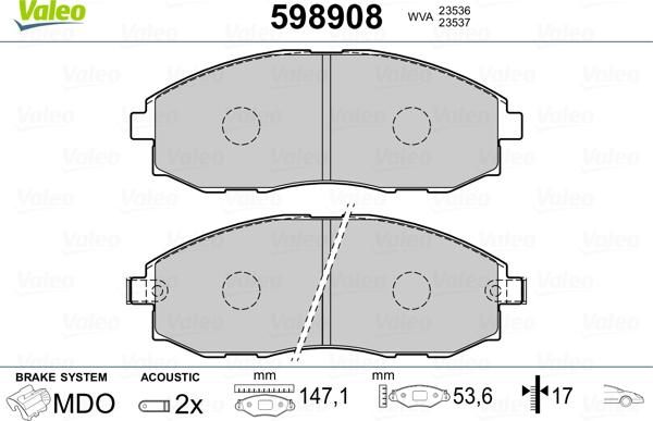 Valeo 598908 - Тормозные колодки, дисковые, комплект unicars.by