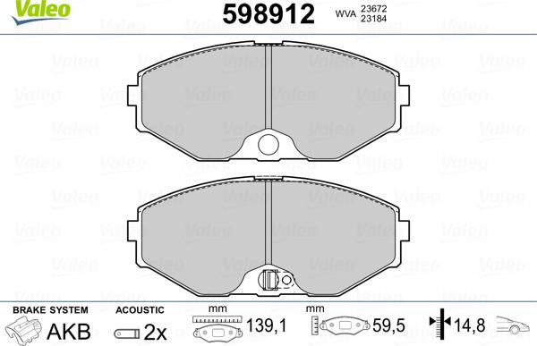 Valeo 598912 - Тормозные колодки, дисковые, комплект unicars.by