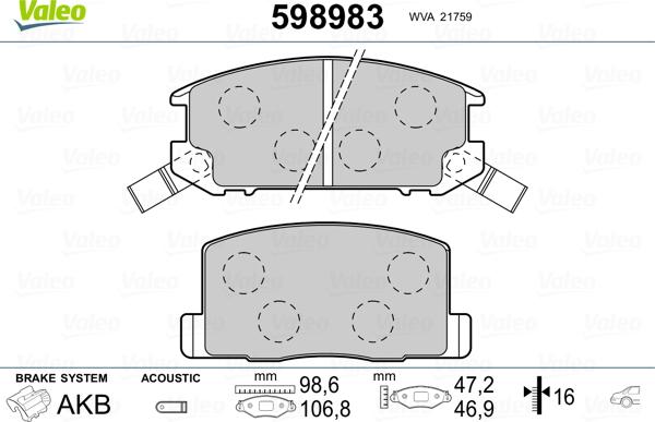 Valeo 598983 - Тормозные колодки, дисковые, комплект unicars.by