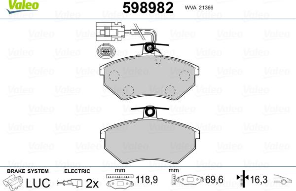 Valeo 598982 - Тормозные колодки, дисковые, комплект unicars.by