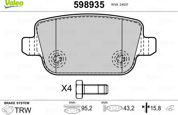 Valeo 598935 - Тормозные колодки, дисковые, комплект unicars.by