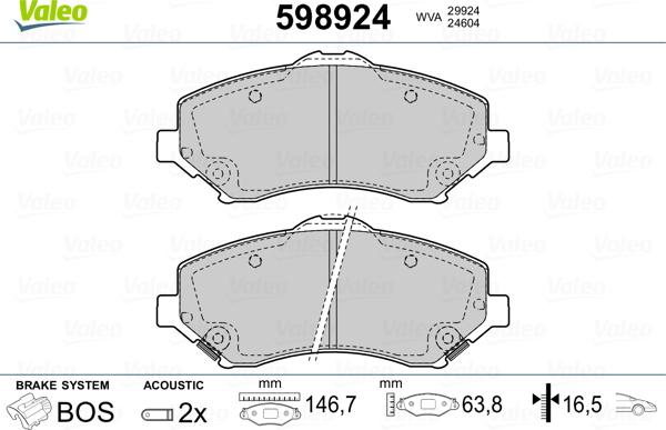 Valeo 598924 - Тормозные колодки, дисковые, комплект unicars.by