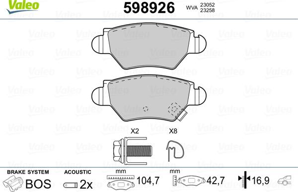 Valeo 598926 - Тормозные колодки, дисковые, комплект unicars.by