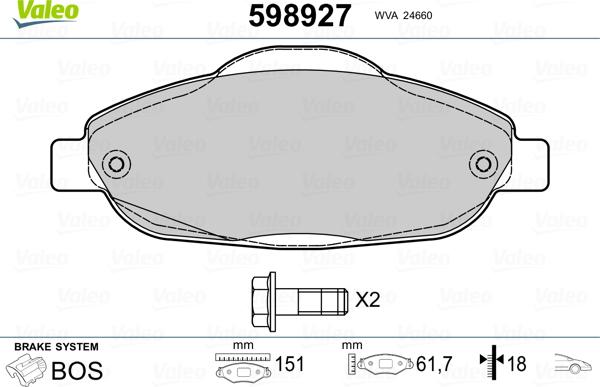 Valeo 598927 - Тормозные колодки, дисковые, комплект unicars.by