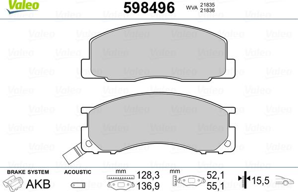 Valeo 598496 - Тормозные колодки, дисковые, комплект unicars.by