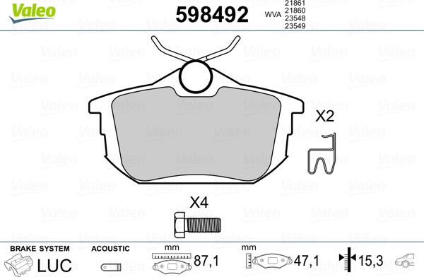 Valeo 598492 - Тормозные колодки, дисковые, комплект unicars.by