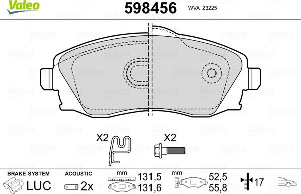 Valeo 598456 - Тормозные колодки, дисковые, комплект unicars.by