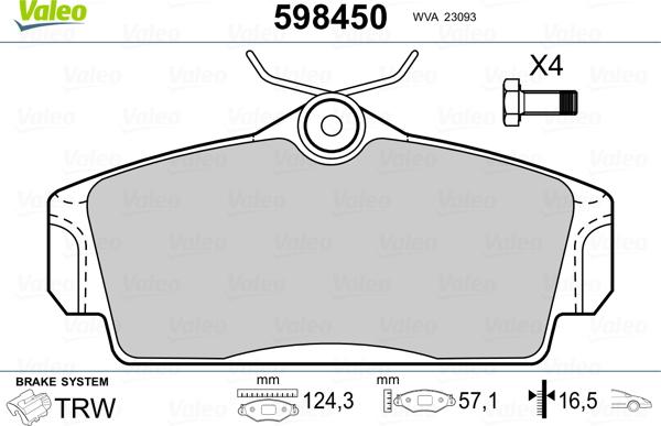 Valeo 598450 - Тормозные колодки, дисковые, комплект unicars.by