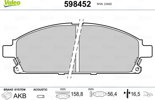 Valeo 598452 - Тормозные колодки, дисковые, комплект unicars.by