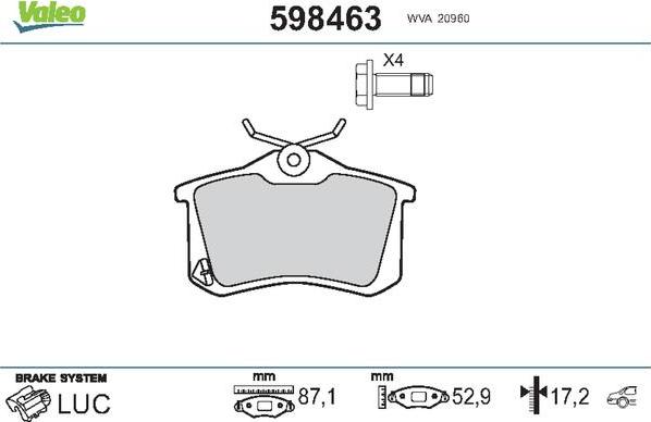 Valeo 598463 - Тормозные колодки, дисковые, комплект unicars.by