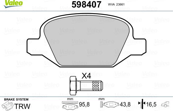 Valeo 598407 - Тормозные колодки, дисковые, комплект unicars.by