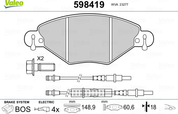 Valeo 598419 - Тормозные колодки, дисковые, комплект unicars.by