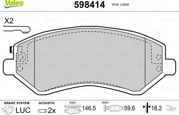 Valeo 598414 - Тормозные колодки, дисковые, комплект unicars.by