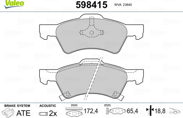 Valeo 598415 - Тормозные колодки, дисковые, комплект unicars.by