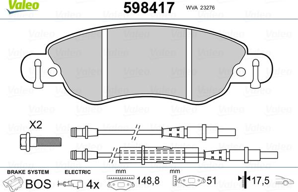 Valeo 598417 - Тормозные колодки, дисковые, комплект unicars.by