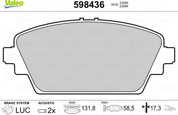 Valeo 598436 - Тормозные колодки, дисковые, комплект unicars.by