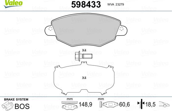 Valeo 598433 - Тормозные колодки, дисковые, комплект unicars.by