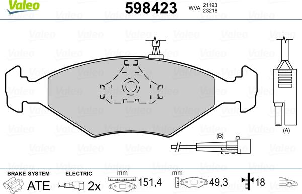 Valeo 598423 - Тормозные колодки, дисковые, комплект unicars.by