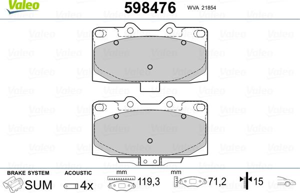 Valeo 598476 - Тормозные колодки, дисковые, комплект unicars.by