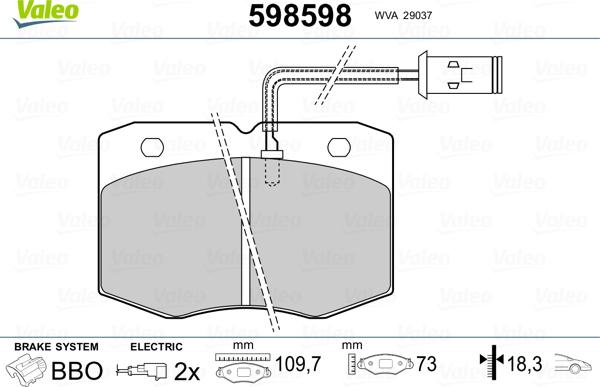 Valeo 598598 - Тормозные колодки, дисковые, комплект unicars.by