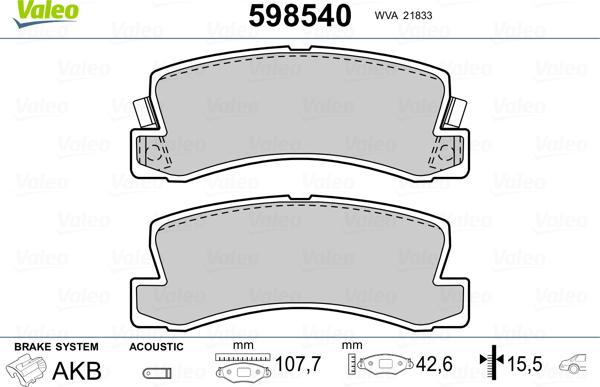 Valeo 598540 - Тормозные колодки, дисковые, комплект unicars.by