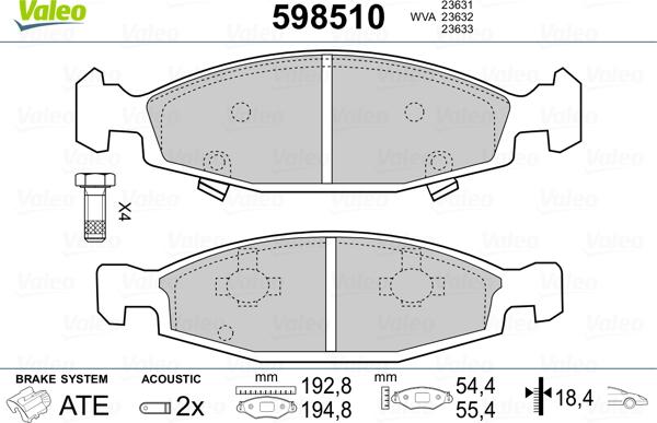 Valeo 598510 - Тормозные колодки, дисковые, комплект unicars.by