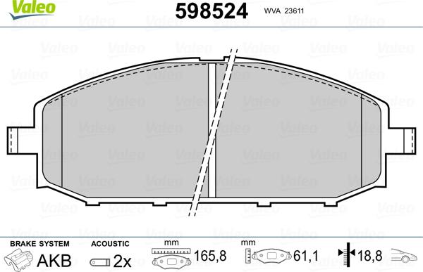 Valeo 598524 - Тормозные колодки, дисковые, комплект unicars.by