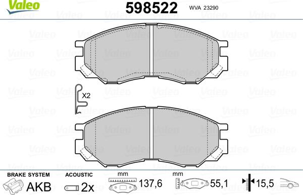 Valeo 598522 - Тормозные колодки, дисковые, комплект unicars.by