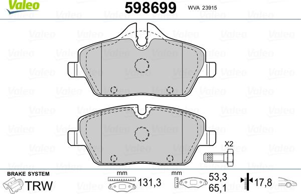 Valeo 598699 - Тормозные колодки, дисковые, комплект unicars.by