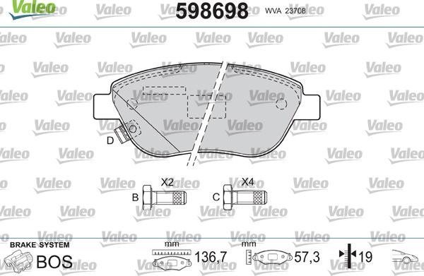 Valeo 598698 - Тормозные колодки, дисковые, комплект unicars.by