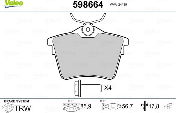 Valeo 598664 - Тормозные колодки, дисковые, комплект unicars.by