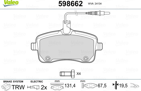 Valeo 598662 - Тормозные колодки, дисковые, комплект unicars.by