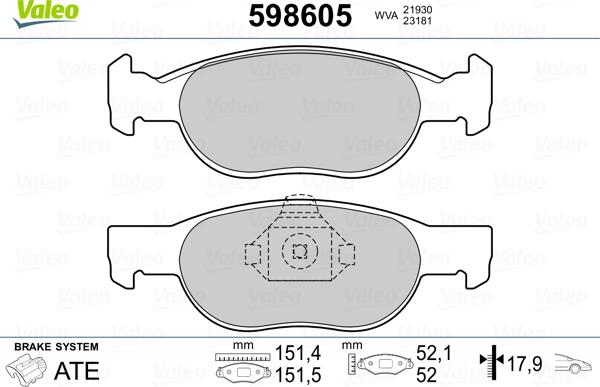 Valeo 598605 - Тормозные колодки, дисковые, комплект unicars.by