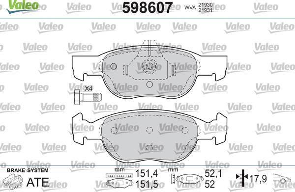 Valeo 598607 - Тормозные колодки, дисковые, комплект unicars.by