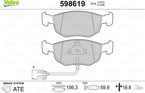 Valeo 598619 - Тормозные колодки, дисковые, комплект unicars.by